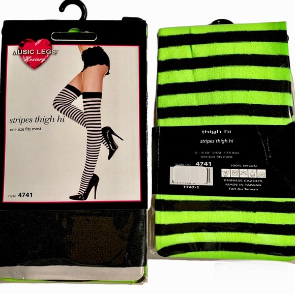 2 Pair Music Legs Striped Tights Reg & Thigh-Hi Pink Green Black Costume OS NWT - Picture 3 of 5